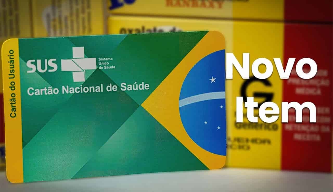 Cartão do SUS em um fundo amarelo escrito "novo item"