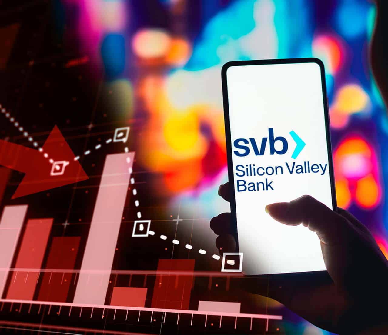 Celular com logo SVD. Ao fundo, gráfico apontando queda e cores distorcidas