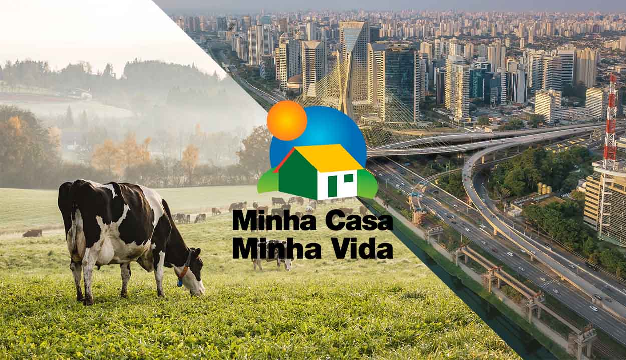 Imagem de fazenda divida ao meio com imagem de ampla da área urbana com símbolo do Minha Casa Minha Vida ao centro