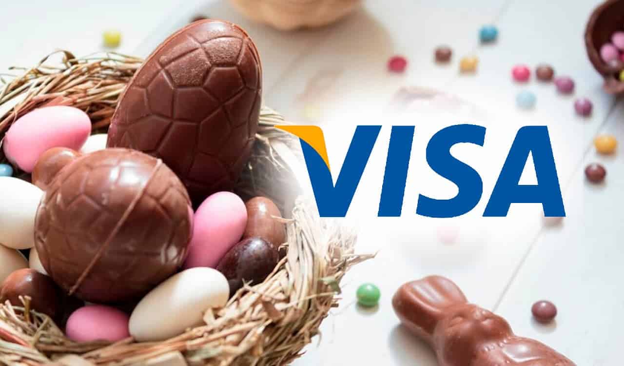 ovos de páscoa em cesta de palha e logo da Visa