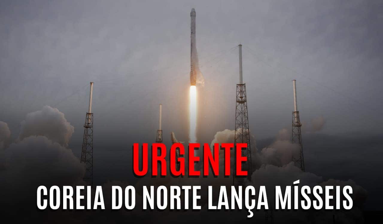 Misseis Coreia do Norte lançados em meio a um céu cinzento.