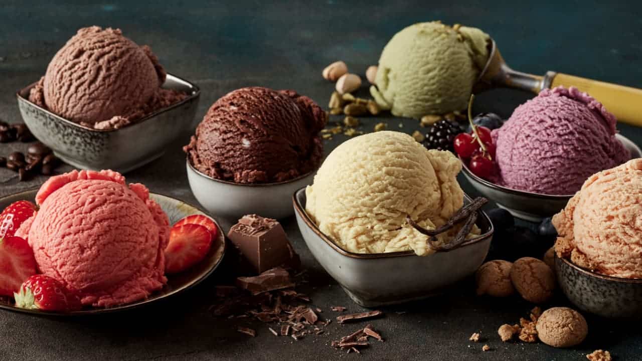 sorvete artesanal feito com frutas frescas, macarons, grãos de café, pistache e chocolate sendo servidos em tigelas