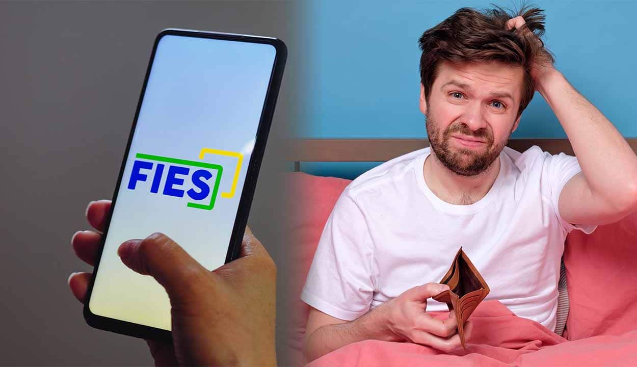 página do FIES aberto em celular, ao lado está um homem preocupado com a mão na cabeça e segurando uma carteira vazia