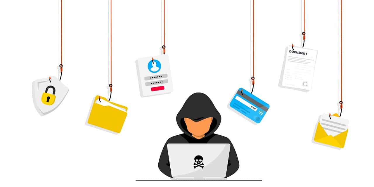 Ilustração em que um hacker fisga documentos e cartões de crédito