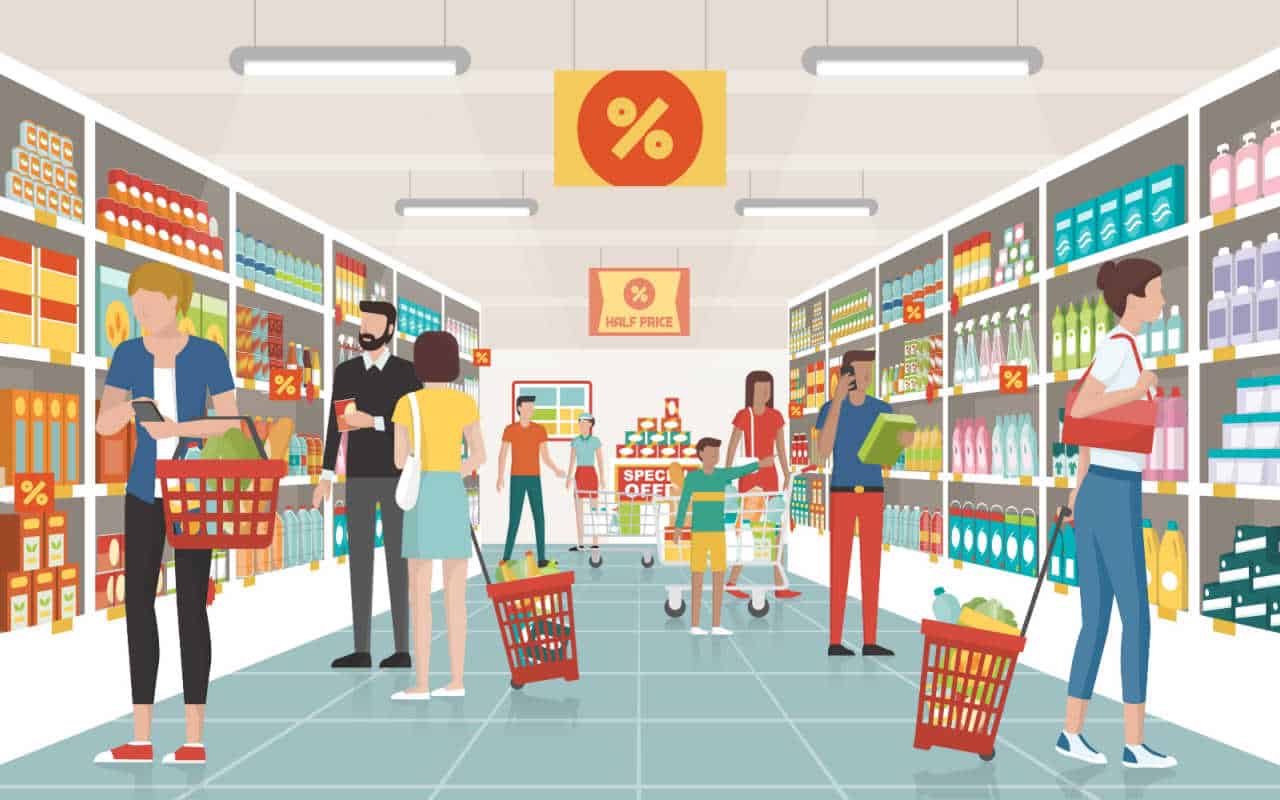 Ilustração pessoas olhando produtos no supermercado