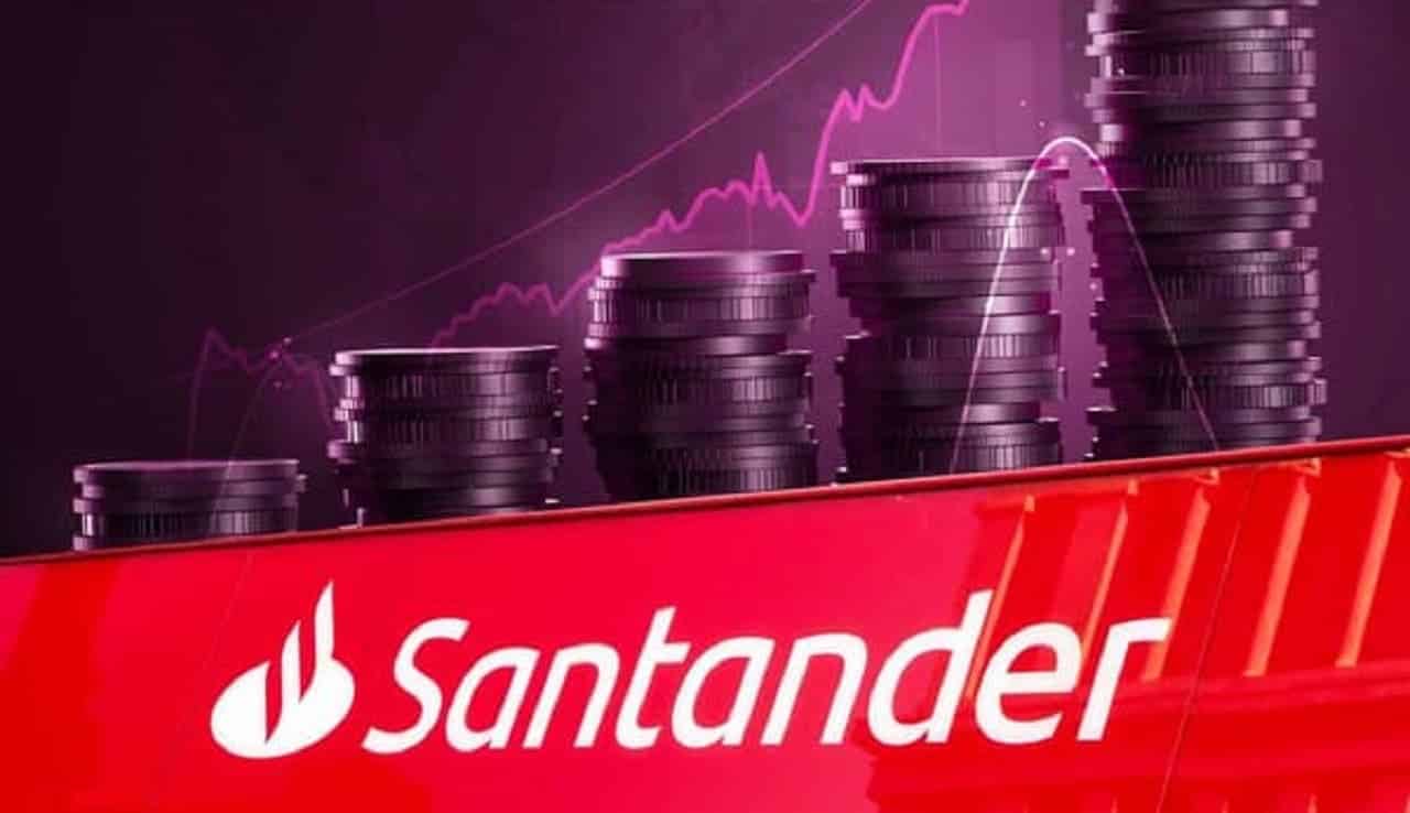 imagem de logo do banco Santander com ilustração de moedas empilhadas e gráficos financeiros