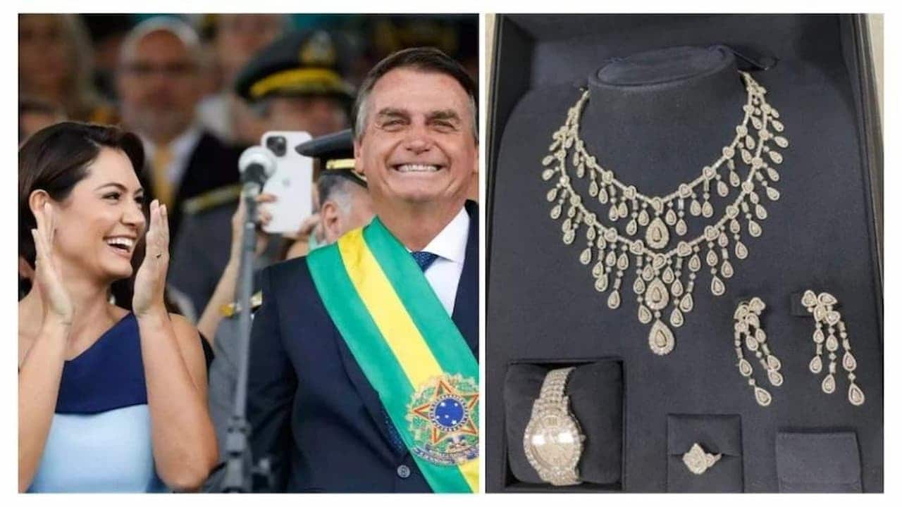 Michelle e Bolsonaro do lado esquerdo, conjunto de joias Chopard do lado direito