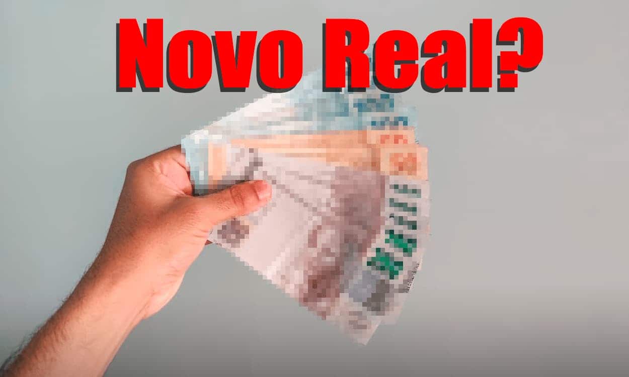 imagem de pessoa segurando notas de reais desfocadas, com frase acima escrita "Novo real?"
