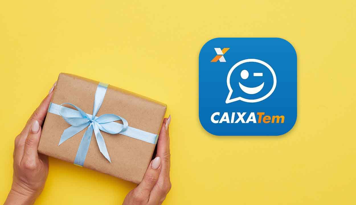 Mão segurando caixa de presente e logo do Caixa Tem