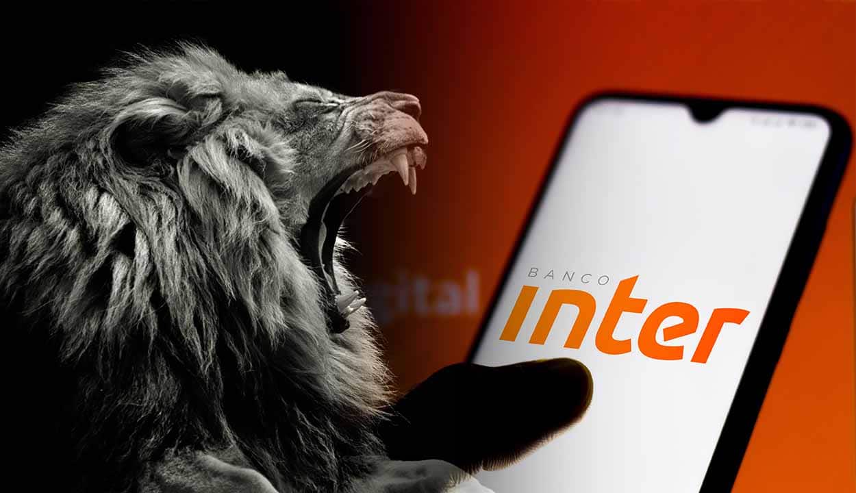 Montagem com a imagem de um leão rugindo e de um celular com a logo do banco Inter na tela
