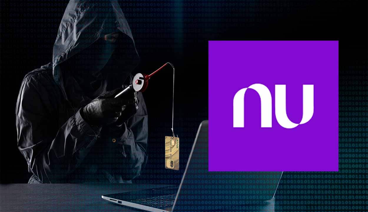 homem encapuzado de preto ao lado da logo do Nubank