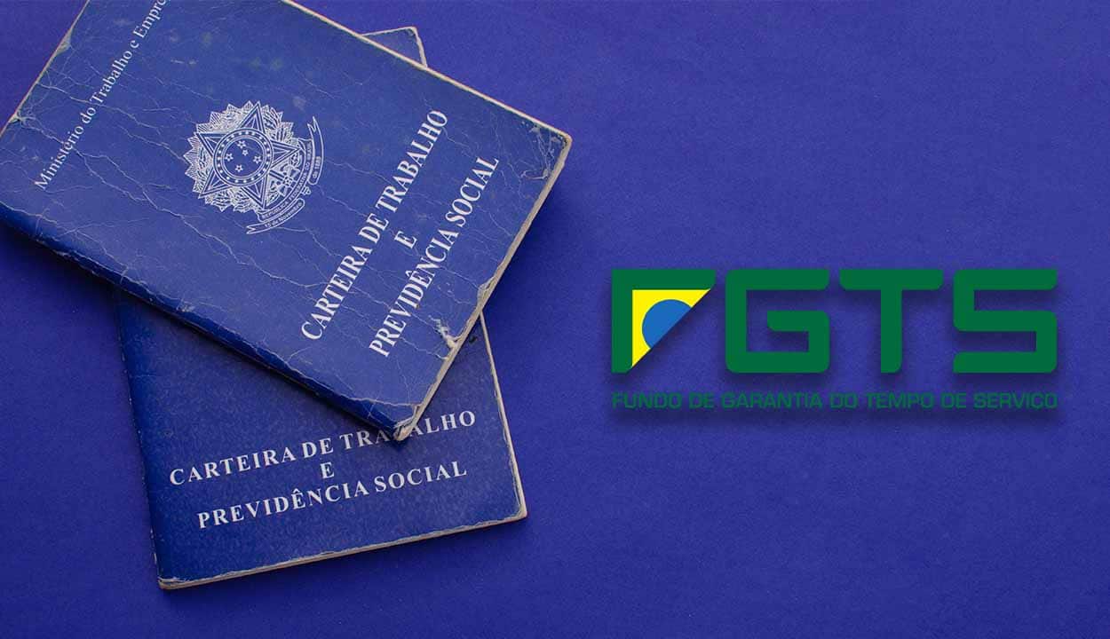 Duas carteiras de trabalho empilhadas em um fundo azul, ao lado da logo do FGTS