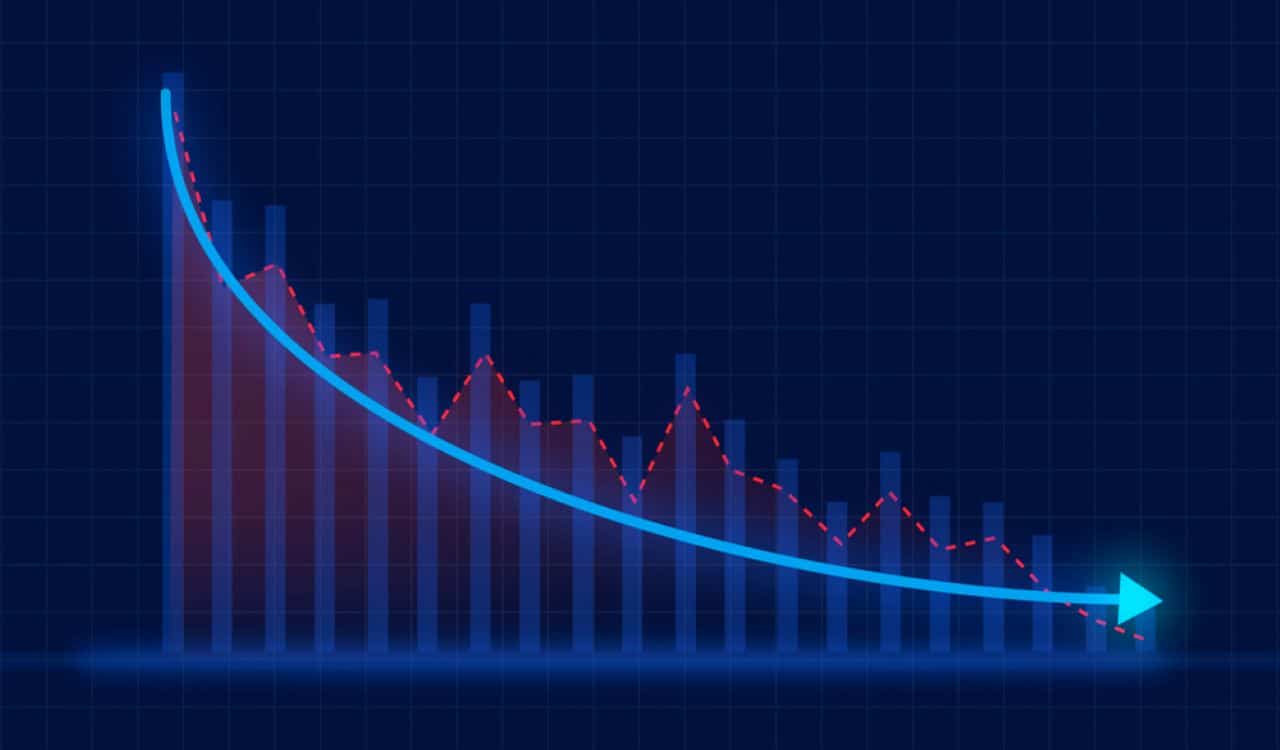 ilustração de um gráfico decrescente, com uma seta azul descendo em barras de índices