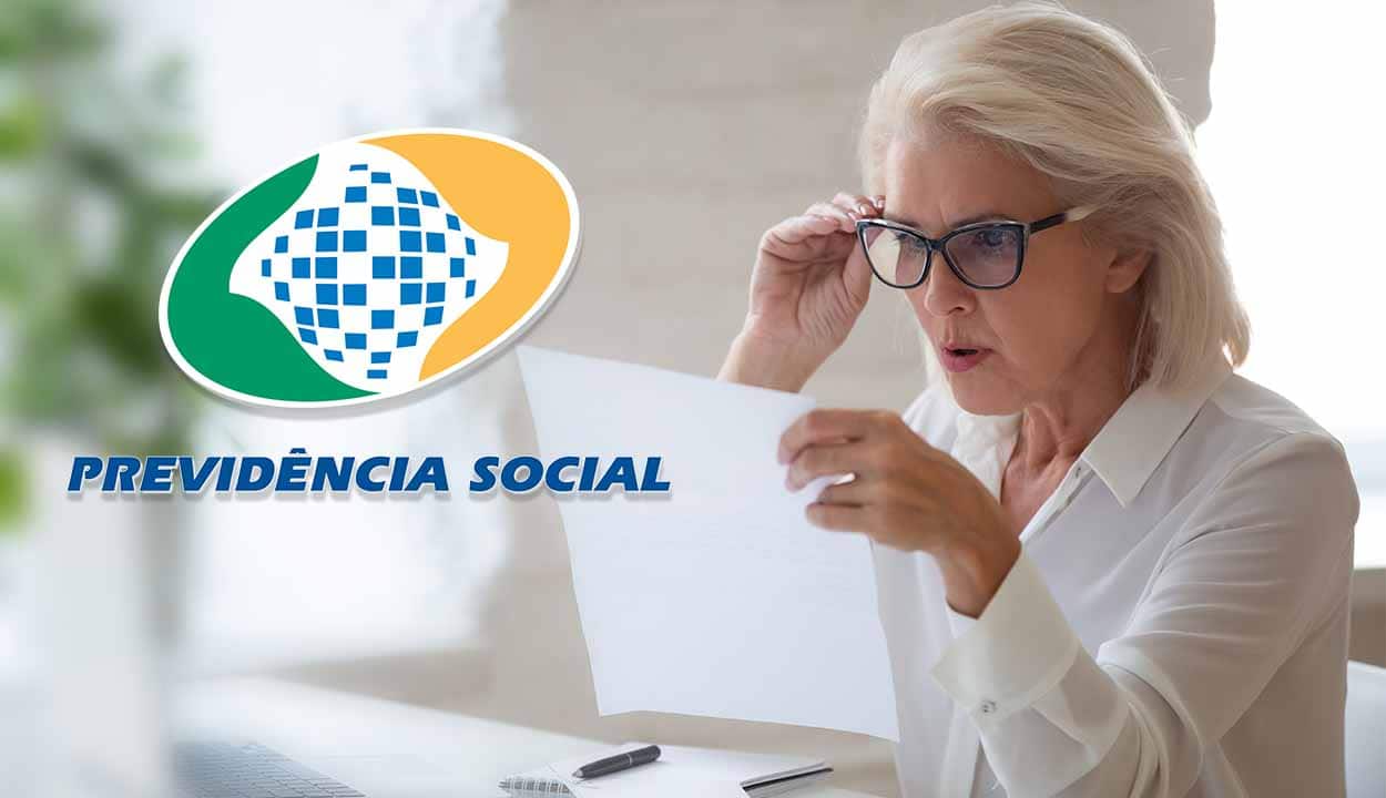 Senhora segurando papel na mão e com a outra ampara os óculos. Em destaque símbolo da Previdência Social, nas cores verde, amarelo e azul.