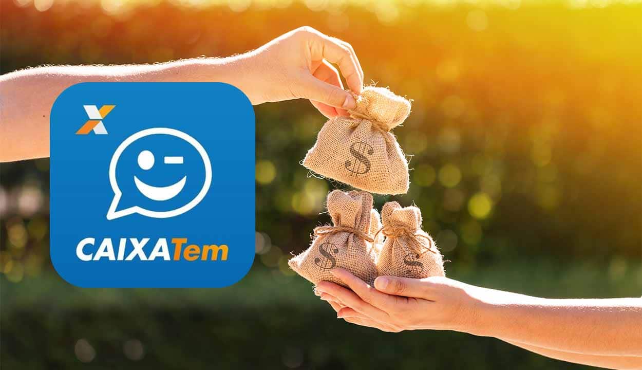 Mãos seguram saquinhos que representam dinheiro, em destaque na imagem está a logo do Caixa Tem.