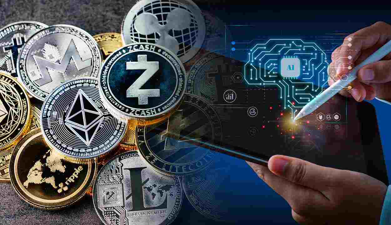 Montagem de uma imagem com várias criptomoedas ao lado de uma pessoa usando um tablet com a imagem de um cérebro digital