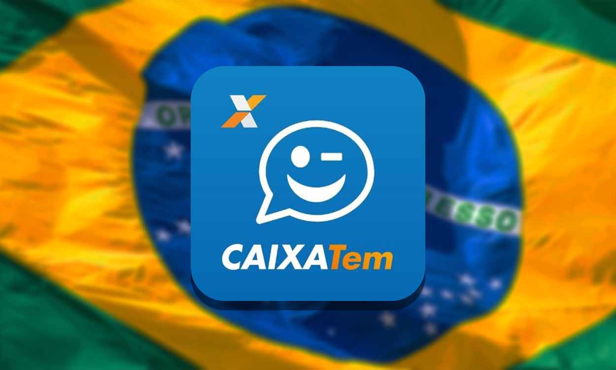 Imagem da bandeira do Brasil com o logo do aplicativo do Caixa Tem à frente.