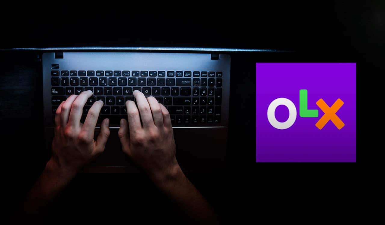 Mãos digitando em um computador. Ao lado, o logo da OLX.