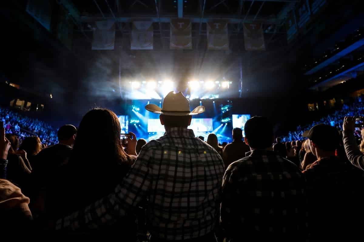 Imagem de um show com plateia e cantor sertanejo.