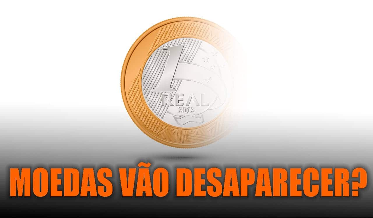 Moeda de 1 real diante de um fundo em branco. Na parte de baixo, a escrita "moedas vão desaparecer interrogação" em evidência.