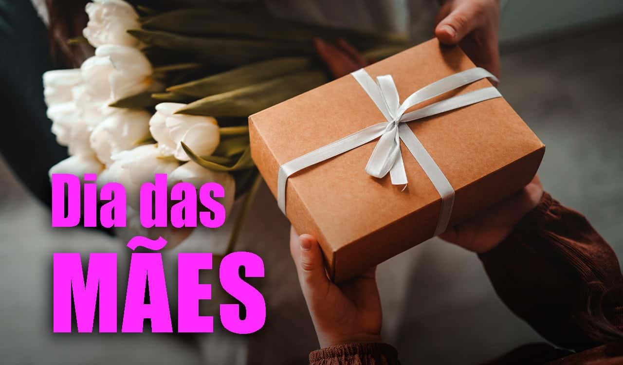 Caixa de presente ao lado dos escritos "Dia das Mães"