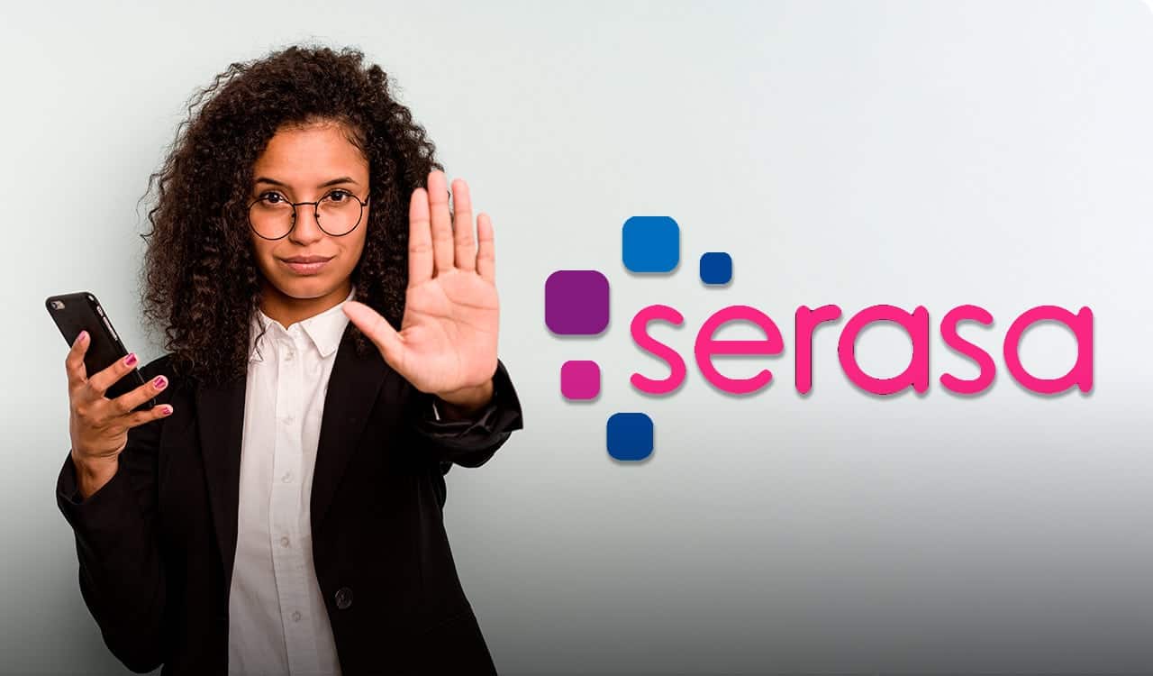 Mulher com a mão estendida indicando "pare" ao lado da logo da Serasa Feirão Limpa Nome