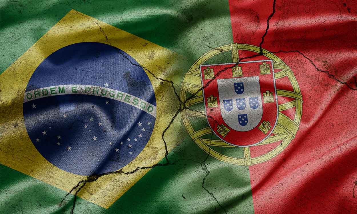 bandeira do brasil e de Portugal mescladas com rachaduras