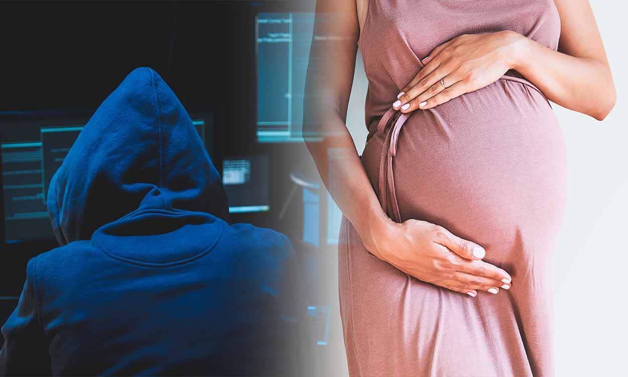 Mulher grávida ao lado de um golpista.