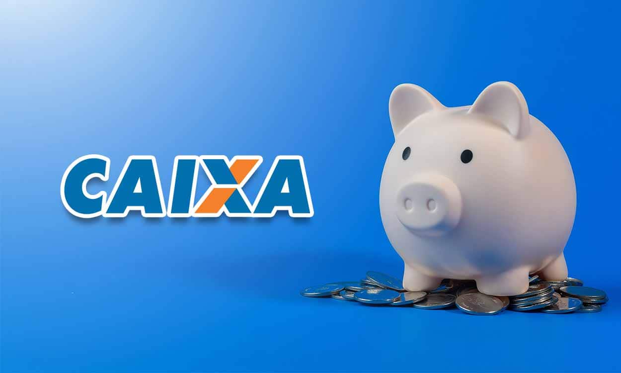 Porquinho em cima de moedas com o nome da Caixa em fundo azul