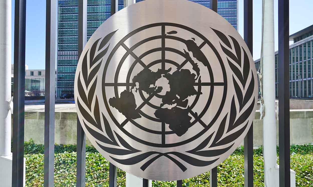 Portão de metal com símbolo da ONU lula