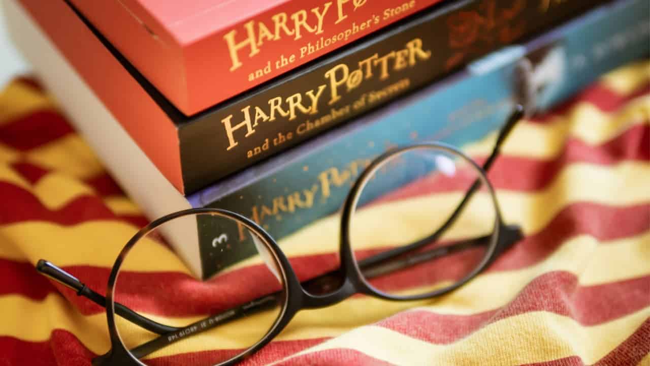 Livros da saga "Harry Potter" e óculos usados pelo personagem principal.