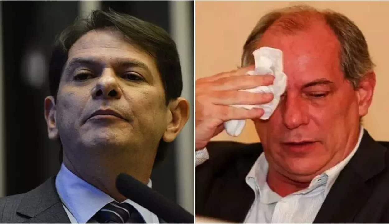do lado esquerto, cid gomes falando em microfone / do lado direito, ciro gomes secando suor da testa com papel