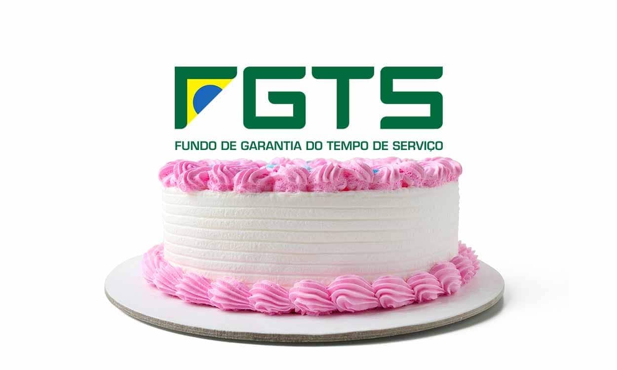 Bolo de aniversário branco e rosa com logo do FGTS
