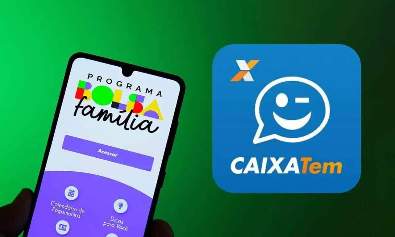 celular com o app do bolsa familia aberto e ao lado a logo do caixa tem, adicionada via edição