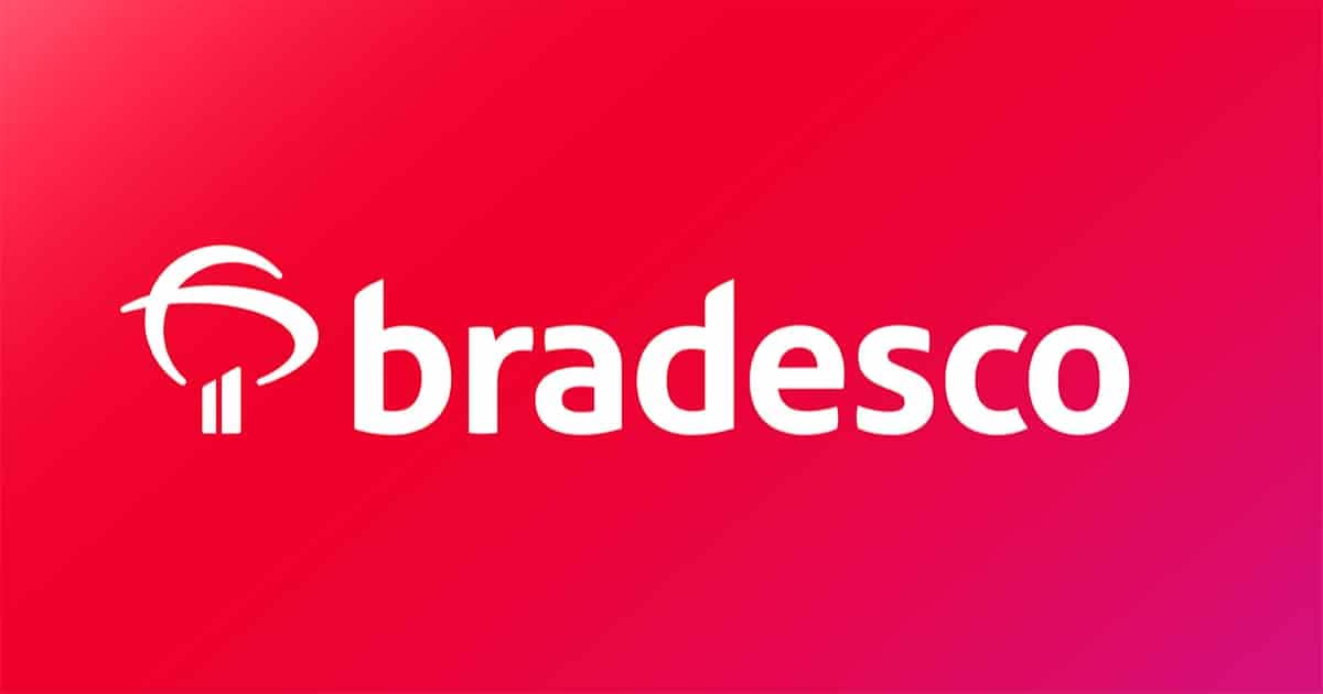 Imagem do logotipo do banco Bradesco. Letras e sĂmbolo branco com um fundo vermelho.