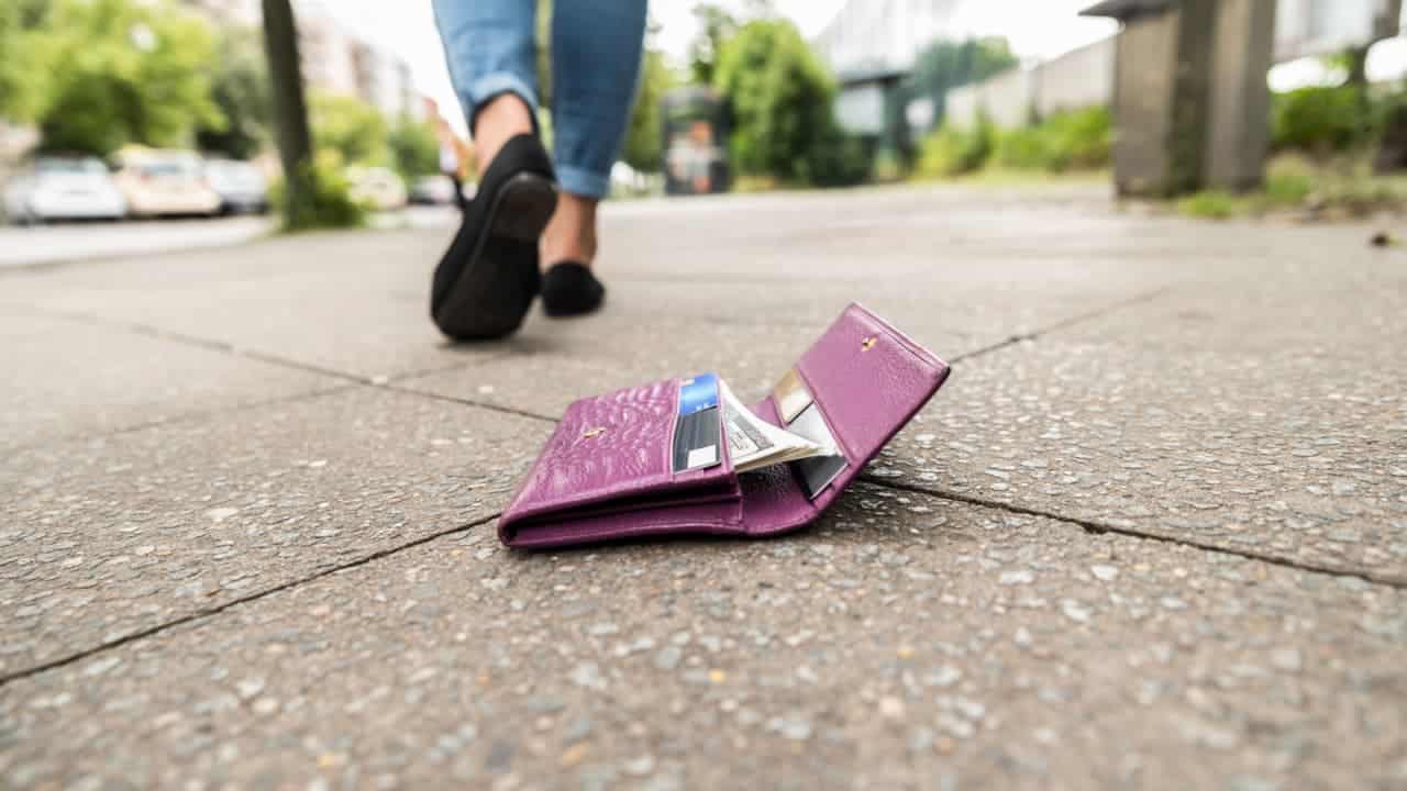 Imagem de uma carteira cor de rosa com documentos pessoais (CPF e RG) caída no cão de uma rua com dois pés de uma mulher caminhando, representando documentos perdidos
