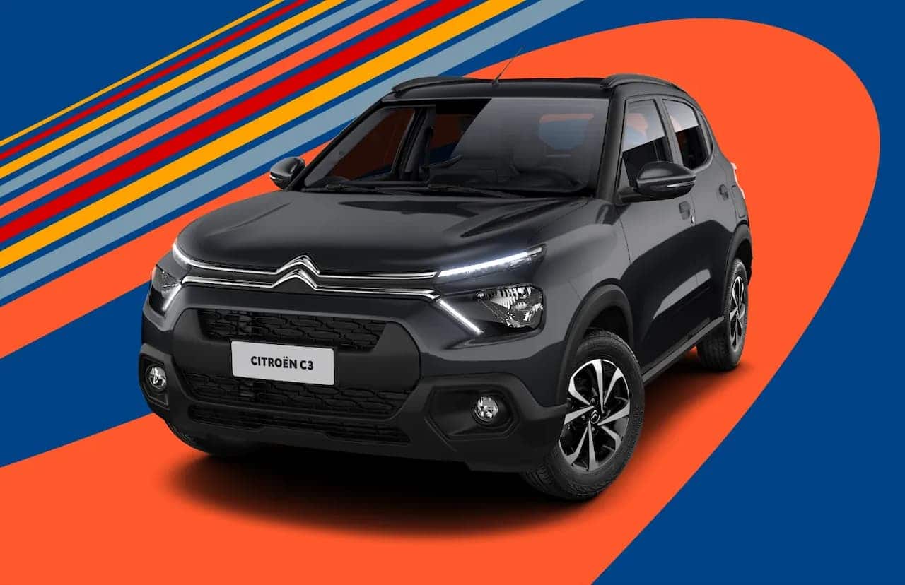Novo Citroën C3 preto, com fundo de montagem em cores diversas