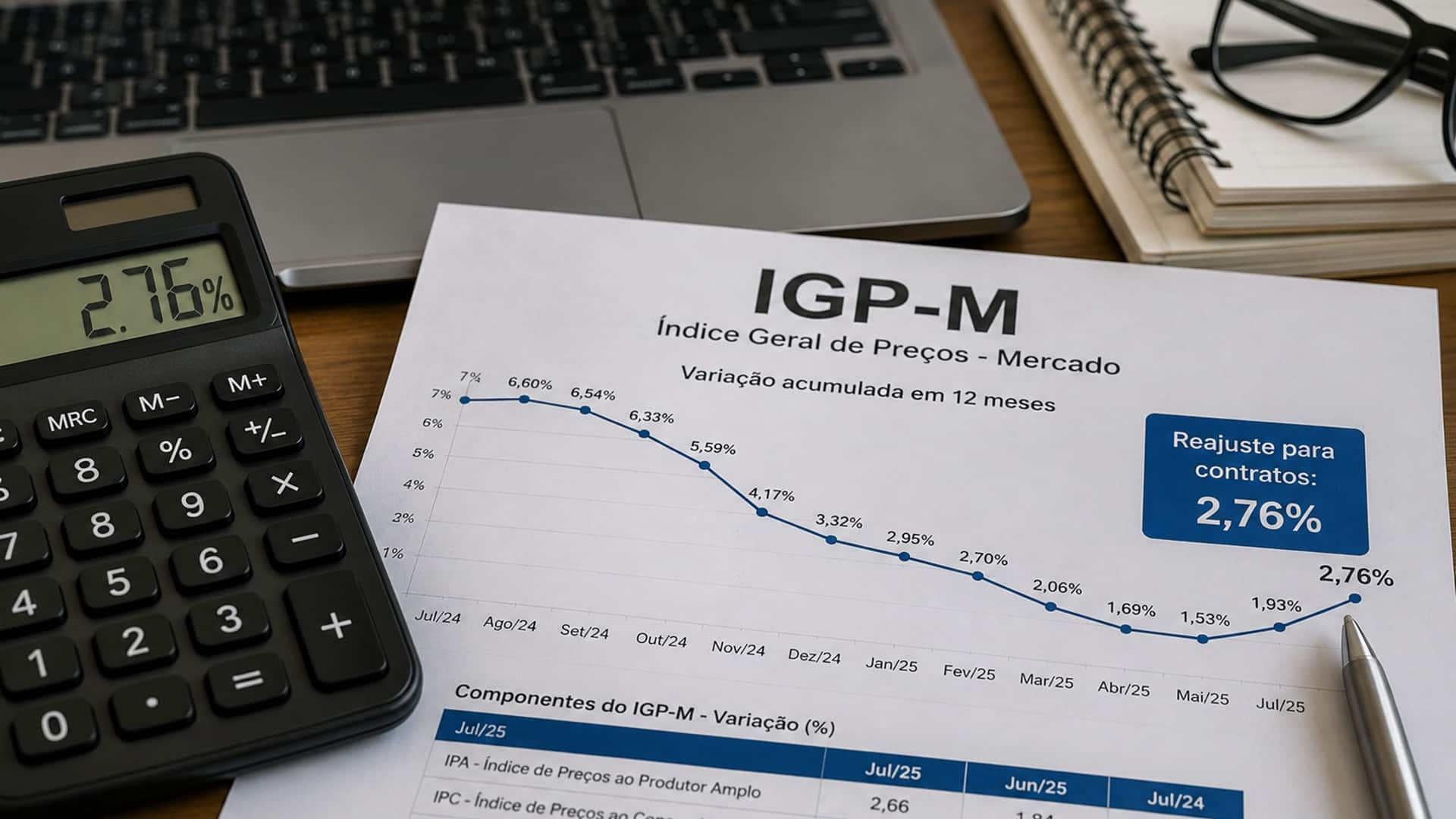IGP-M desacelera em julho e define reajuste de 2,76% para contratos