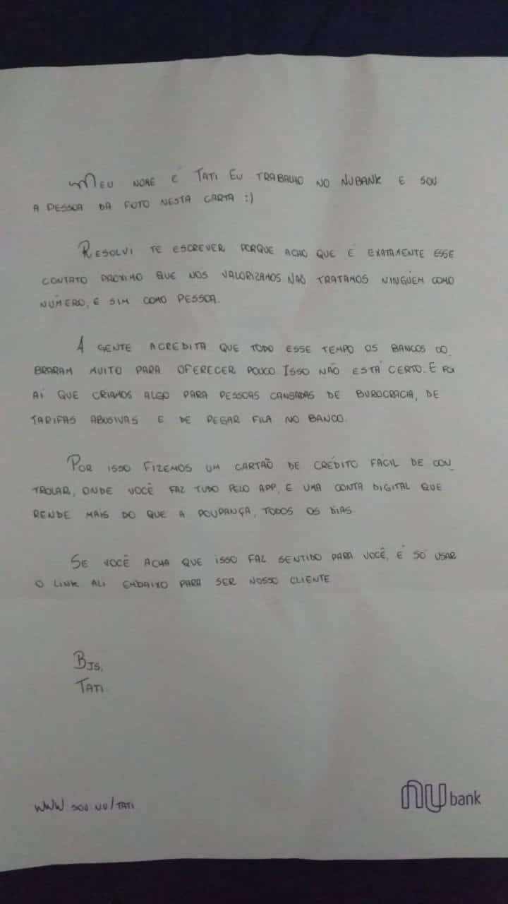 carta à mão do Nubank