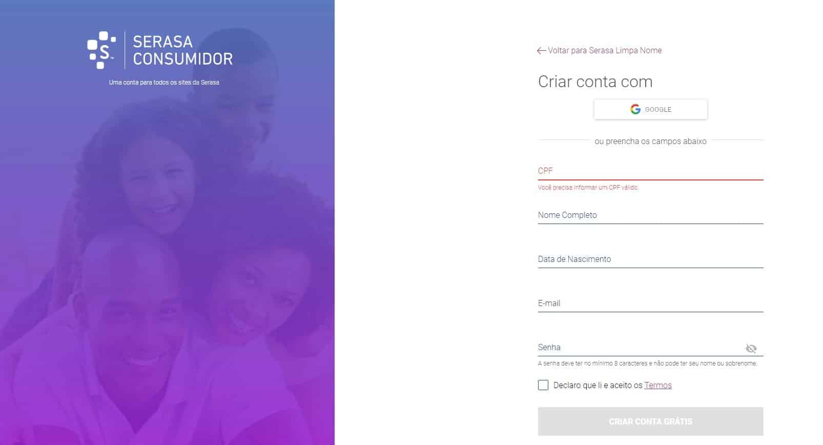 cadastro serasa consumidor nome sujo cpf