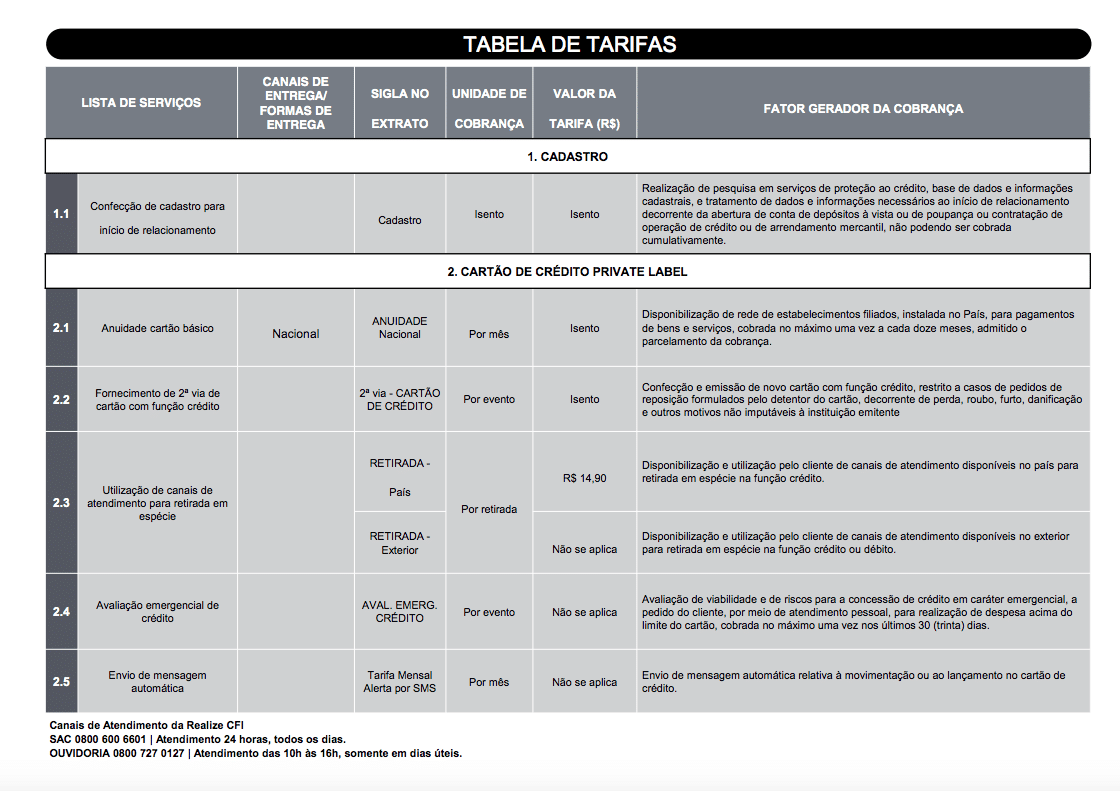 tabela de tarifas meu cartao renner