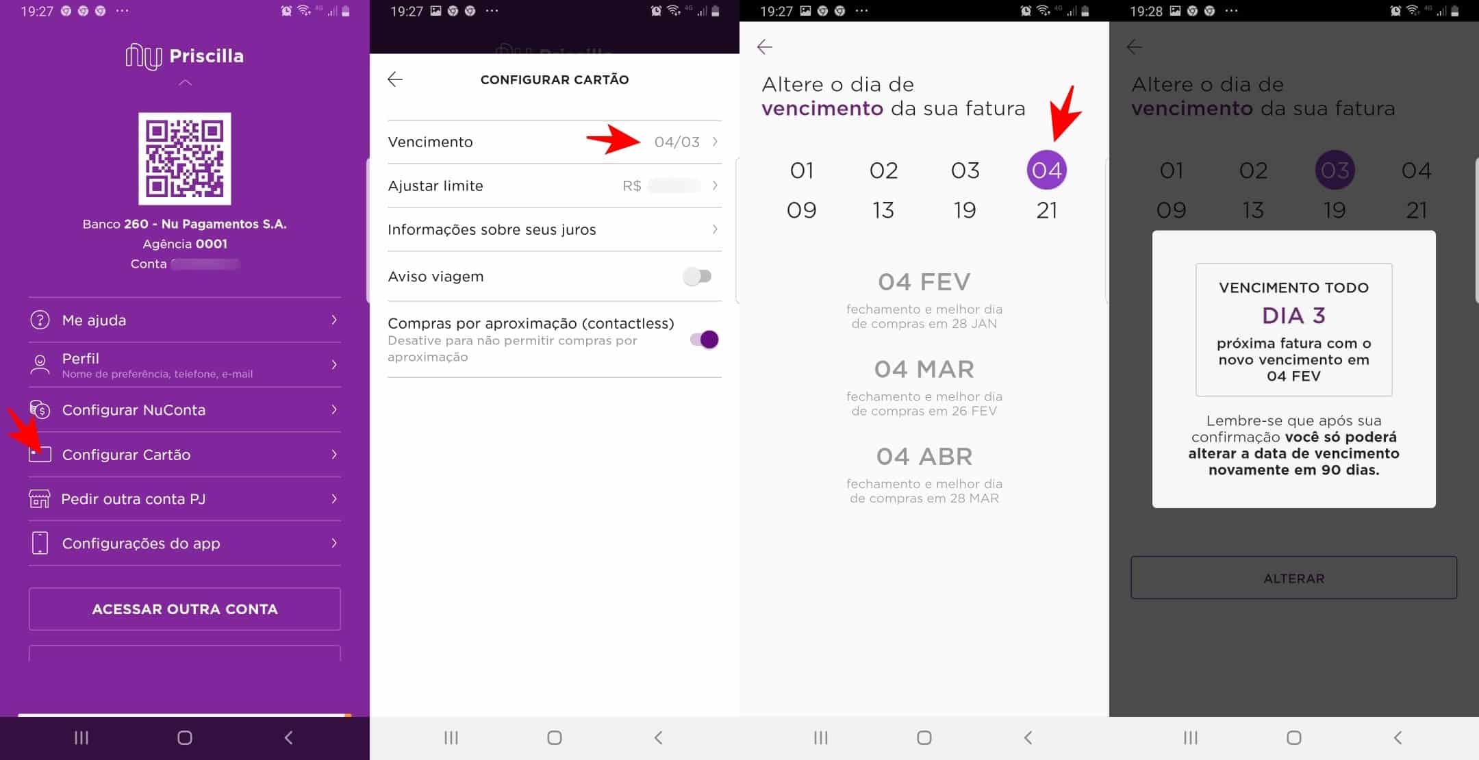 alterar data de vencimento do cartão de crédito
