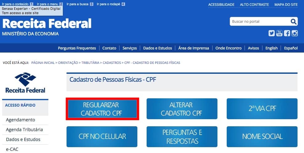 Já na próxima página, clique em “Regularizar Cadastro CPF”;