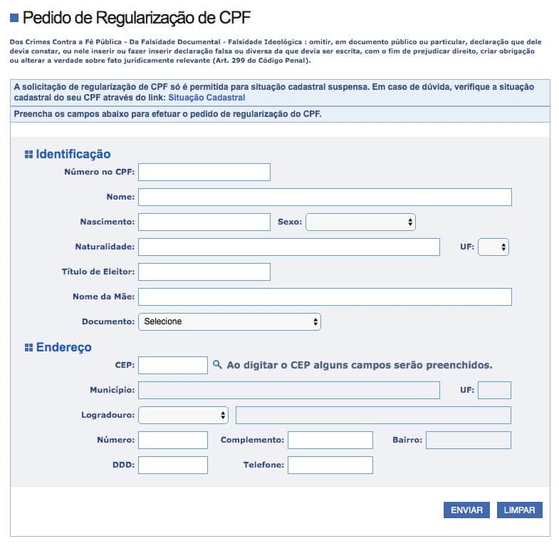 como regularizar o cpf pela internet