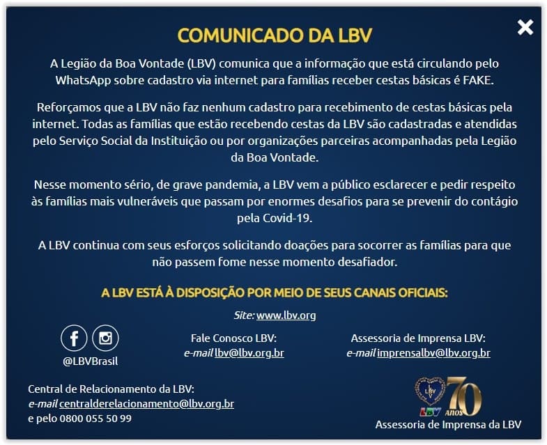comunicado oficial da LBV sobre cestas basicas