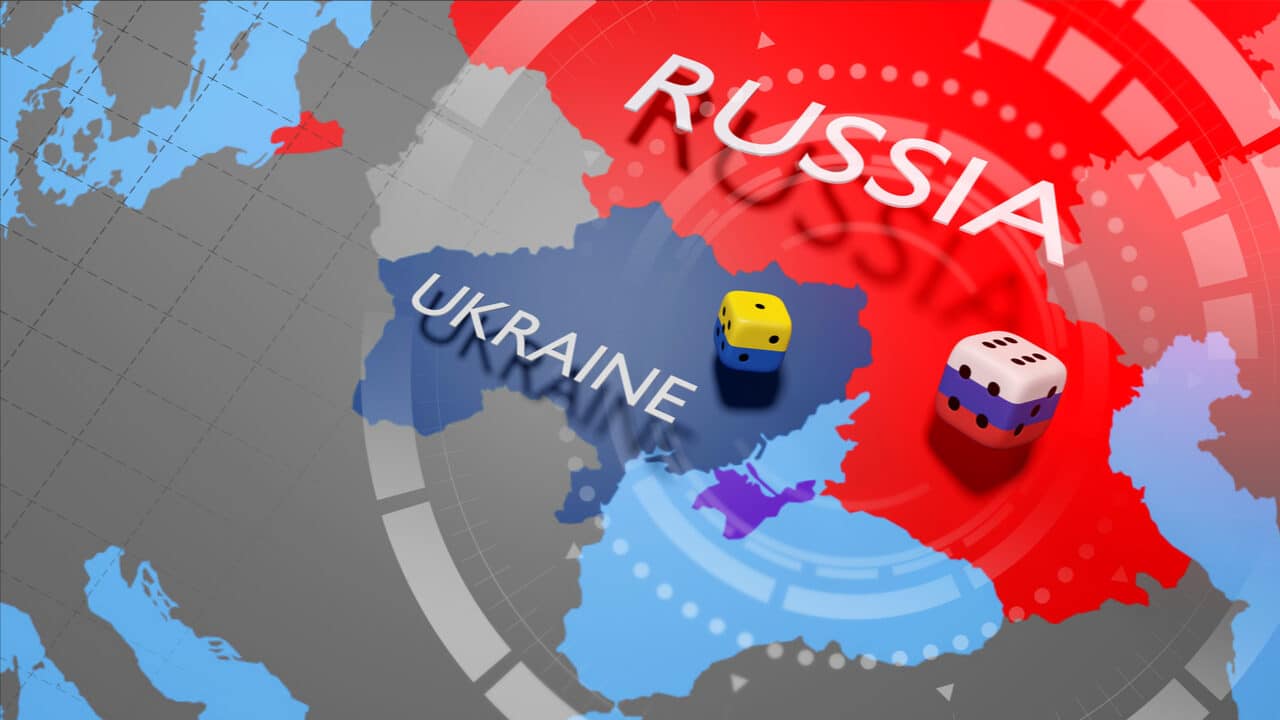 mapa da divisa entre ucrânia em azul e rússia em vermelho.