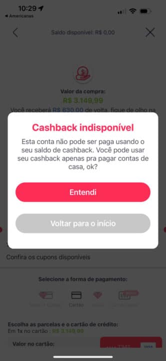 Bloqueio de cashback