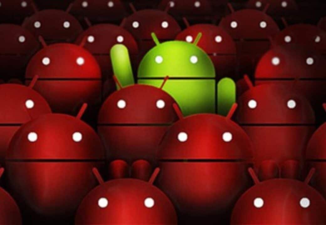imagem mostra vários robôs do Android, com um verde significando um sistema saudável e vários na cor vermelha para representar aplicativos com malware