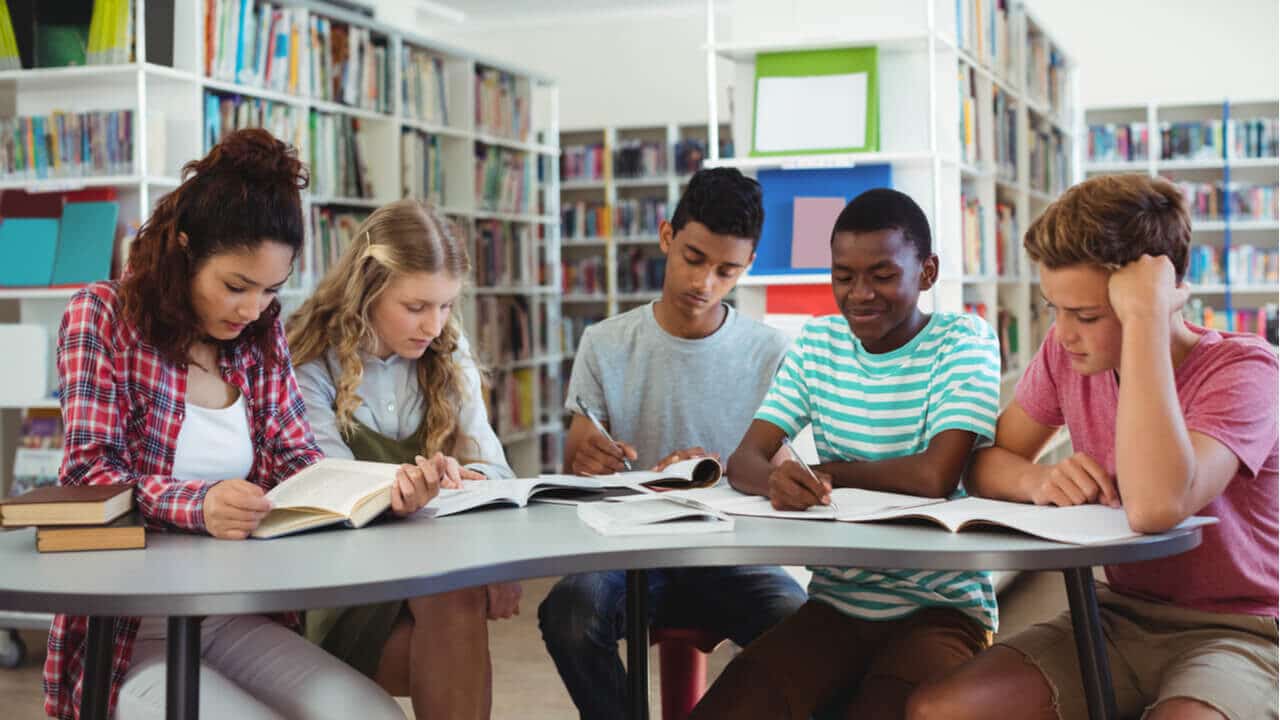 Cinco jovens estudantes do ensino médio estudando em biblioteca escolar para utilizar política de cotas