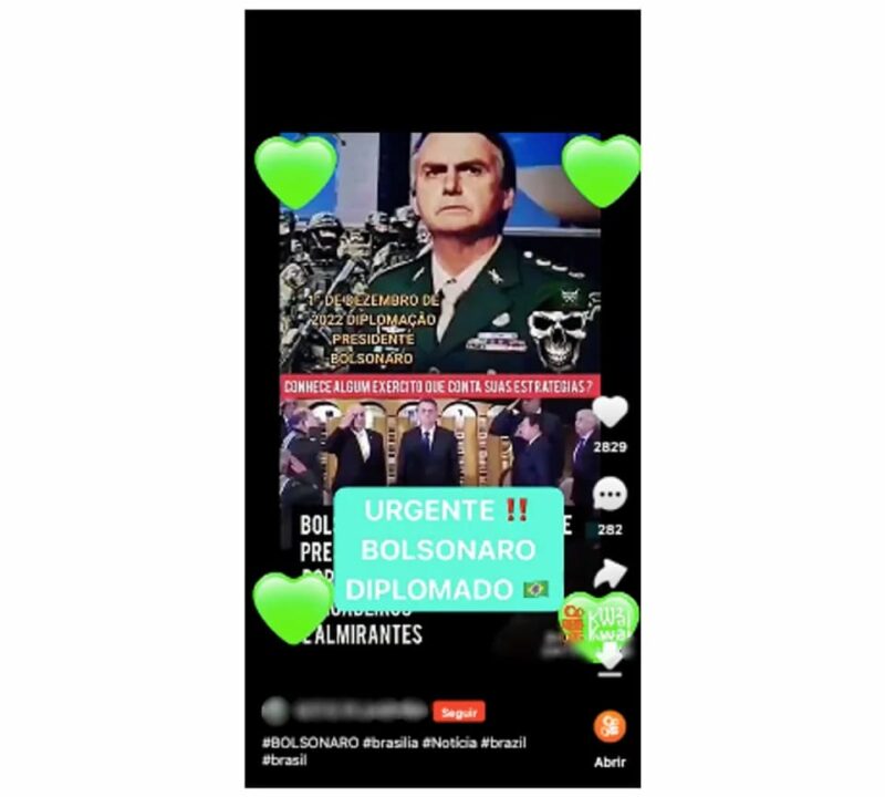 Print da tela do aplicativo Kwai com vídeo da suposta diplomação de Bolsonaro.
